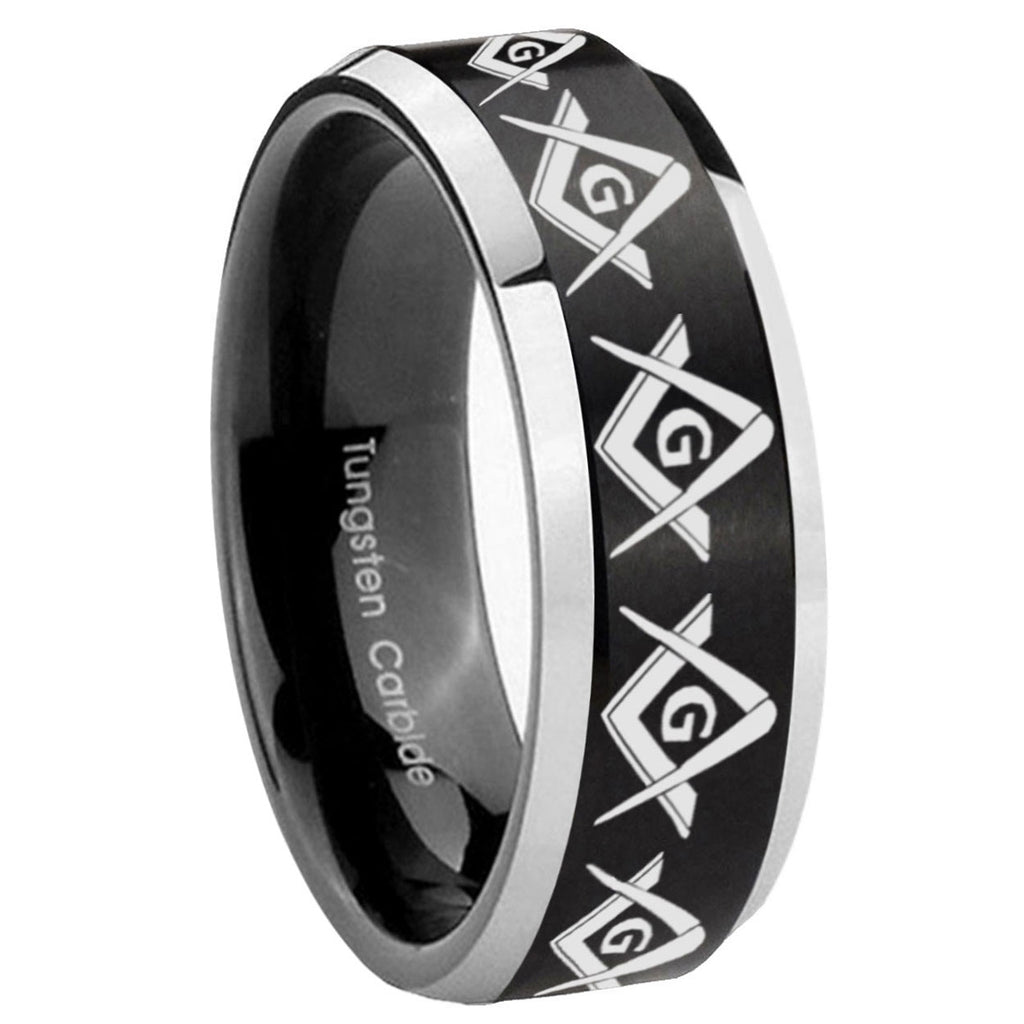 10mm Masonic Square and Compass Beveled Brush Black 2 Tone Tungsten Mens Ring Engraved