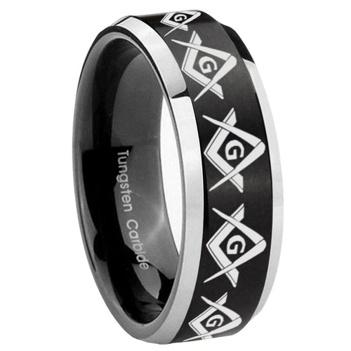 10mm Masonic Square and Compass Beveled Brush Black 2 Tone Tungsten Mens Ring Engraved