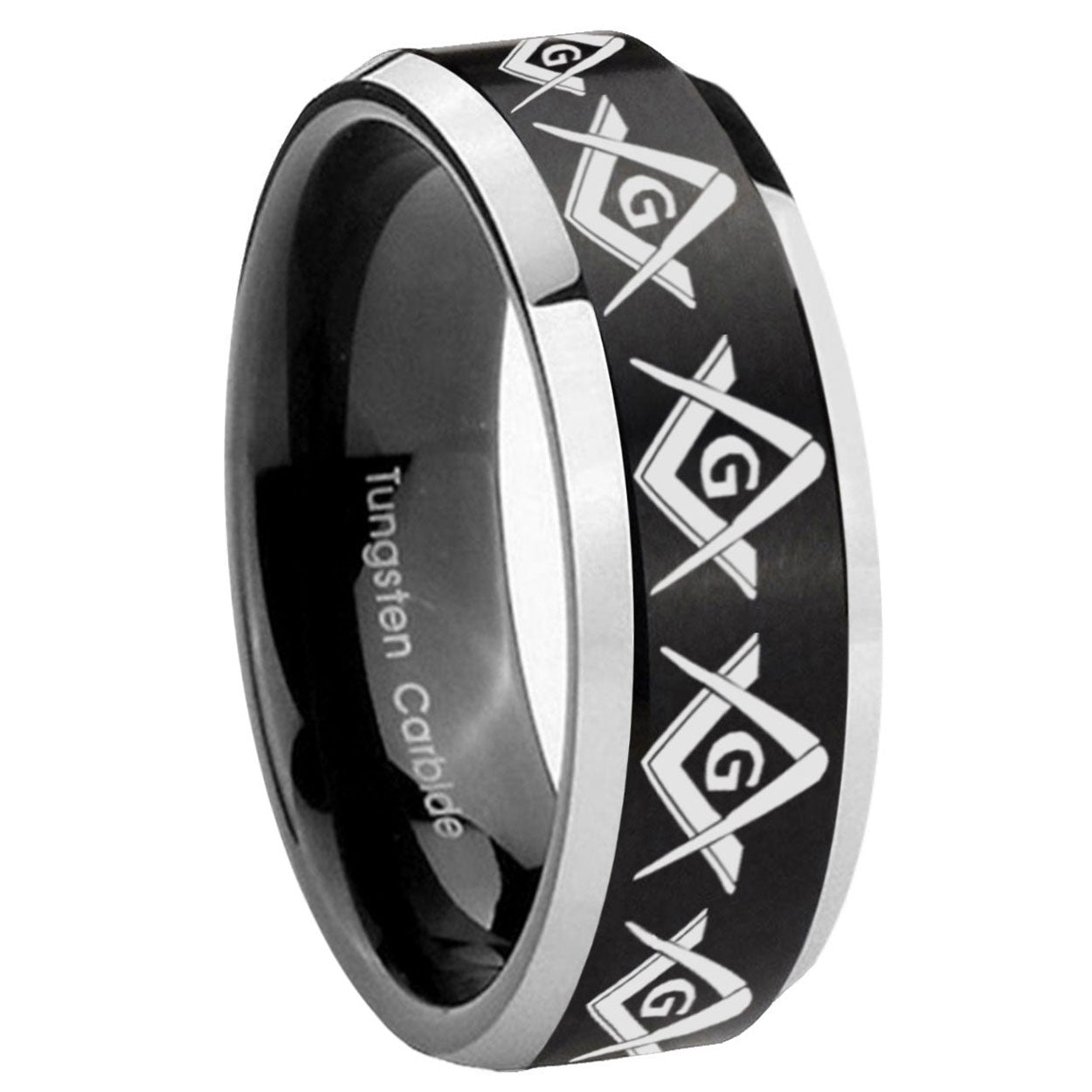 8MM Masonic Square and Compass Beveled Two Tone Black Tungsten Band