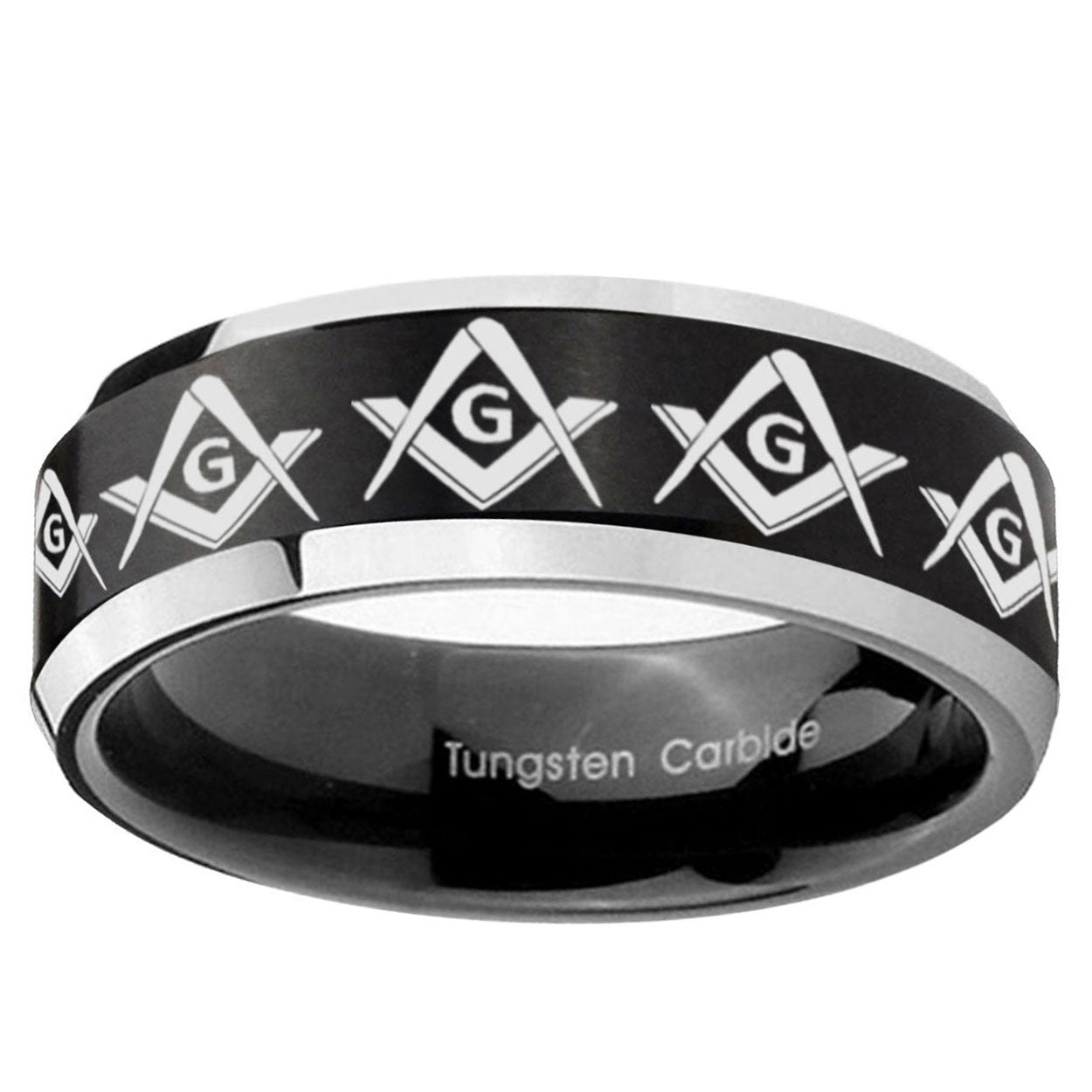 5MM Masonic Square and Compass Beveled Two Tone Black Tungsten Band