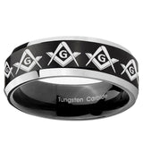 5, 8mm Masonic Square and Compass Beveled Edge Brush Black 2 Tone Tungsten Rings for Men