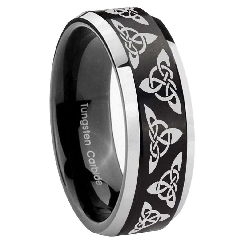 10mm Celtic Knot Beveled Brush Black 2 Tone Tungsten Mens Ring Engraved