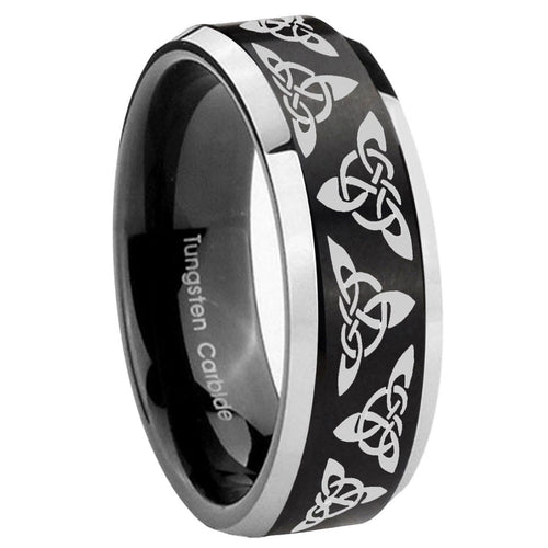 10mm Celtic Knot Beveled Brush Black 2 Tone Tungsten Mens Ring Engraved