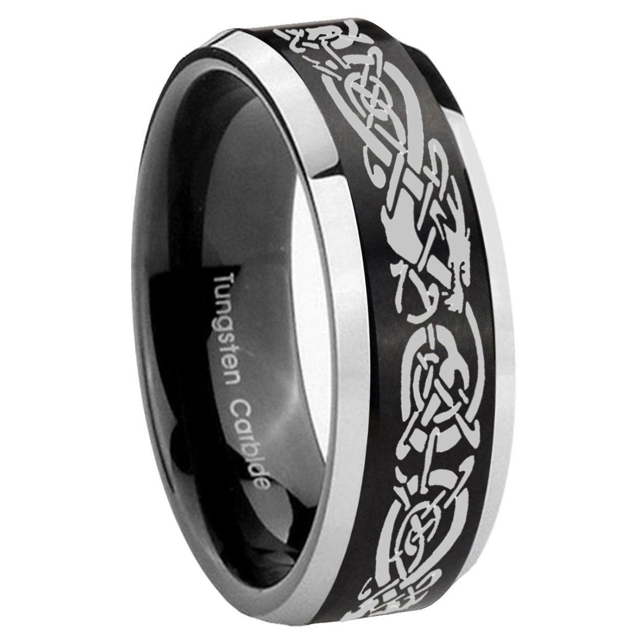 10mm Celtic Knot Dragon Beveled Edges Brush Black 2 Tone Tungsten Bands Ring