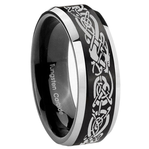 10mm Celtic Knot Dragon Beveled Edges Brush Black 2 Tone Tungsten Bands Ring