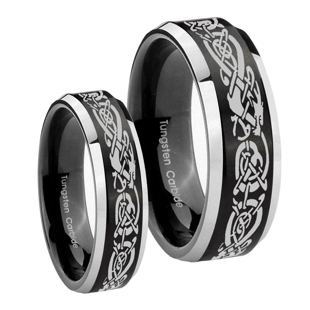 Celtic Knot Dragon Beveled Brush Black 2 Tone Tungsten Bridal Set Rings