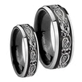 Celtic Knot Dragon Beveled Brush Black 2 Tone Tungsten Bridal Set Rings