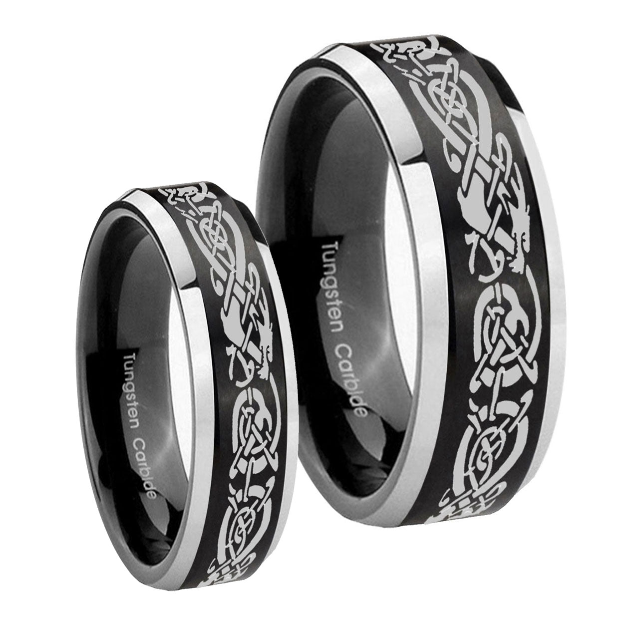 Celtic Knot Dragon Beveled Brush Black 2 Tone Tungsten Bridal Set Rings