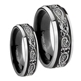 His Hers Celtic Knot Dragon Beveled Brush Black 2 Tone Tungsten Mens Ring Set