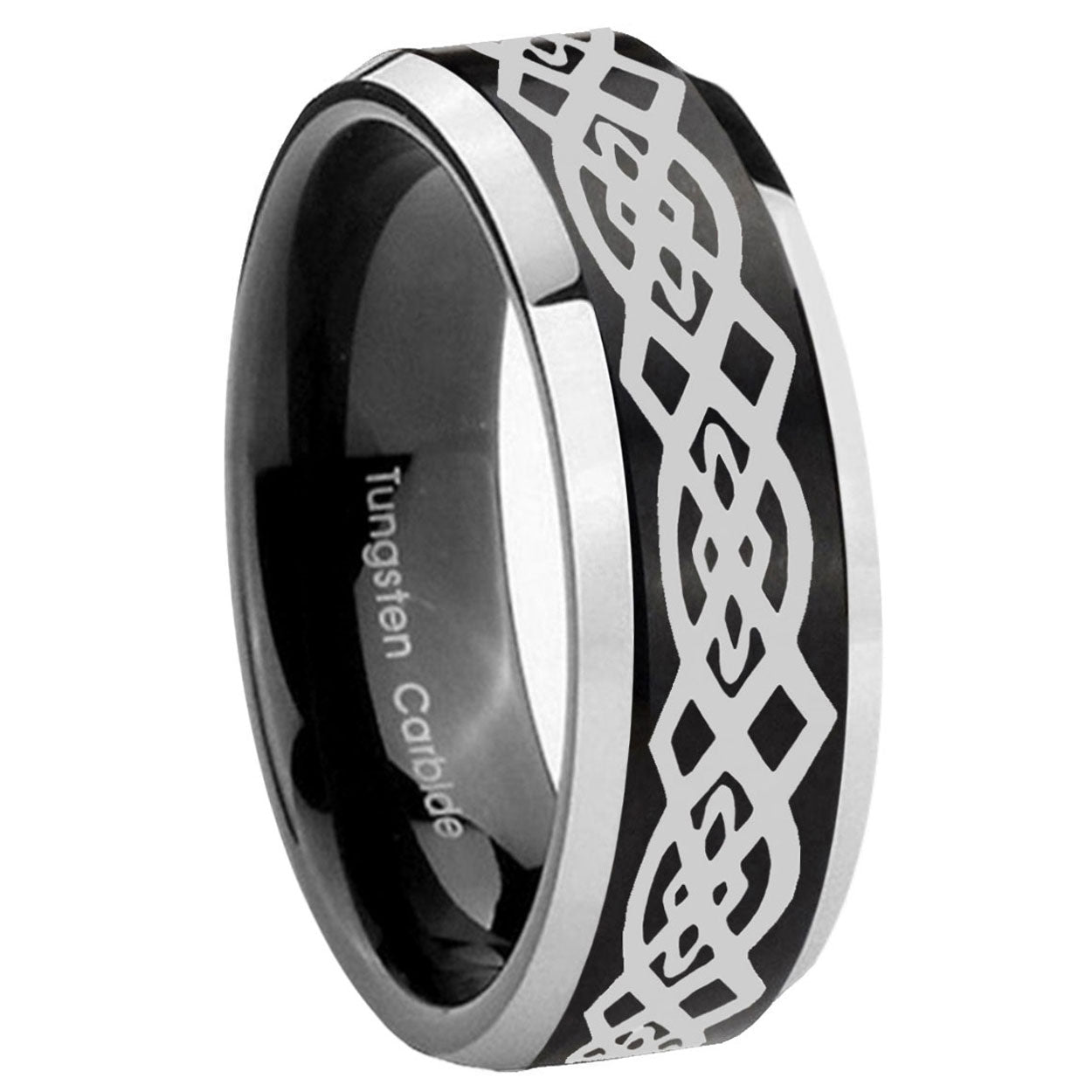 10mm Celtic Knot Beveled Edges Brush Black 2 Tone Tungsten Custom Mens Ring