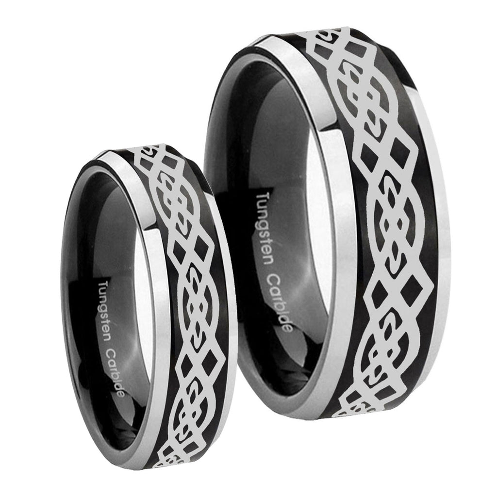 Celtic Knot Beveled Brush Black 2 Tone Tungsten Bridal Set Ring