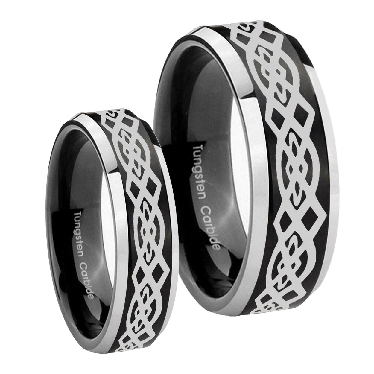 Celtic Knot Beveled Brush Black 2 Tone Tungsten Bridal Set Ring
