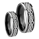 His Hers Celtic Knot Beveled Brush Black 2 Tone Tungsten Custom Mens Ring Set