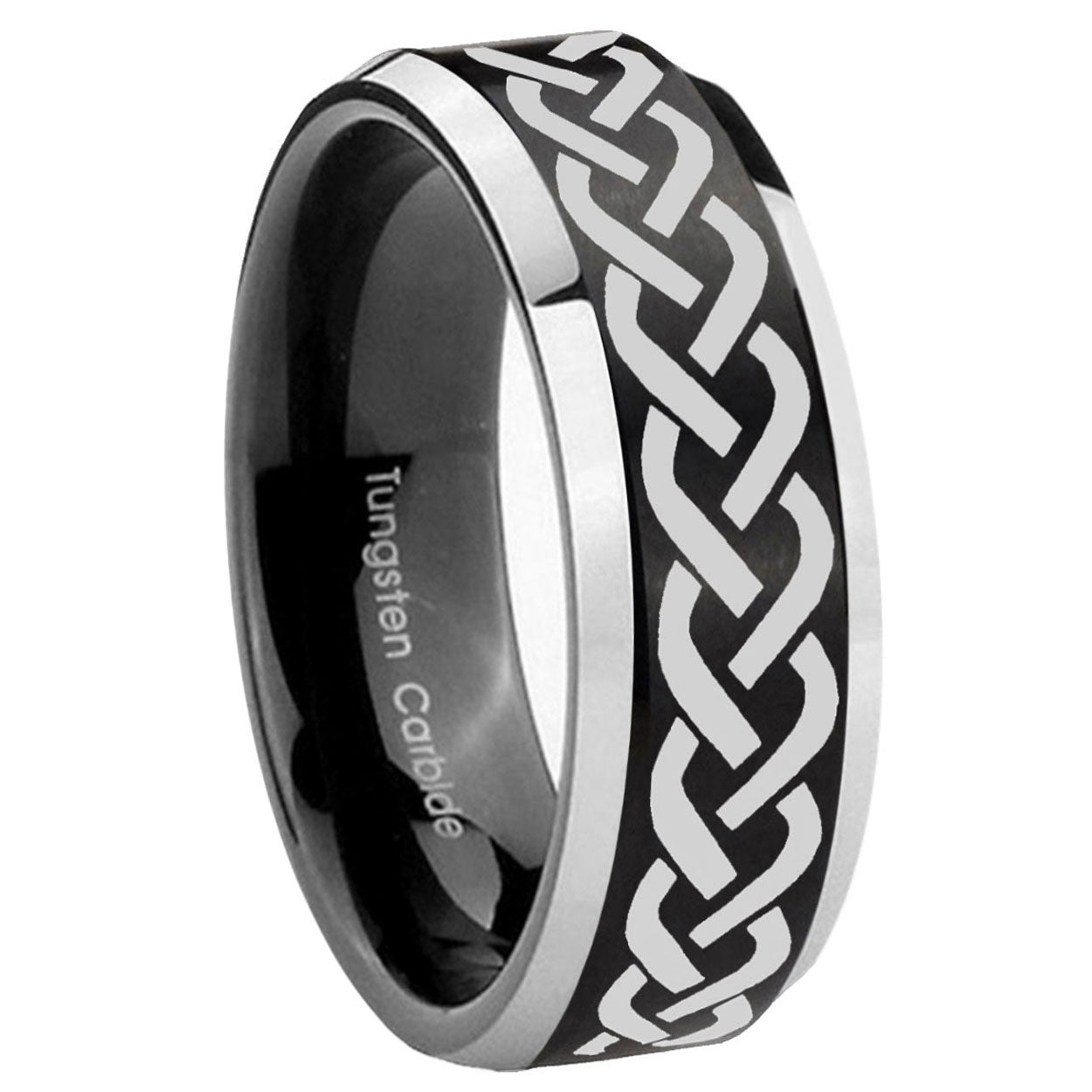 10mm Laser Celtic Knot Beveled Brush Black 2 Tone Tungsten Mens Ring Engraved