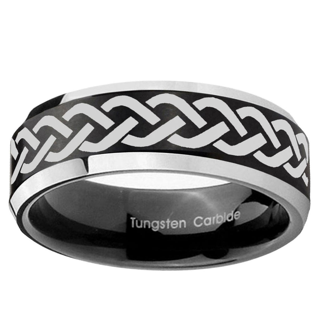 10mm Laser Celtic Knot Beveled Brush Black 2 Tone Tungsten Ring