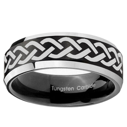 10mm Laser Celtic Knot Beveled Brush Black 2 Tone Tungsten Ring