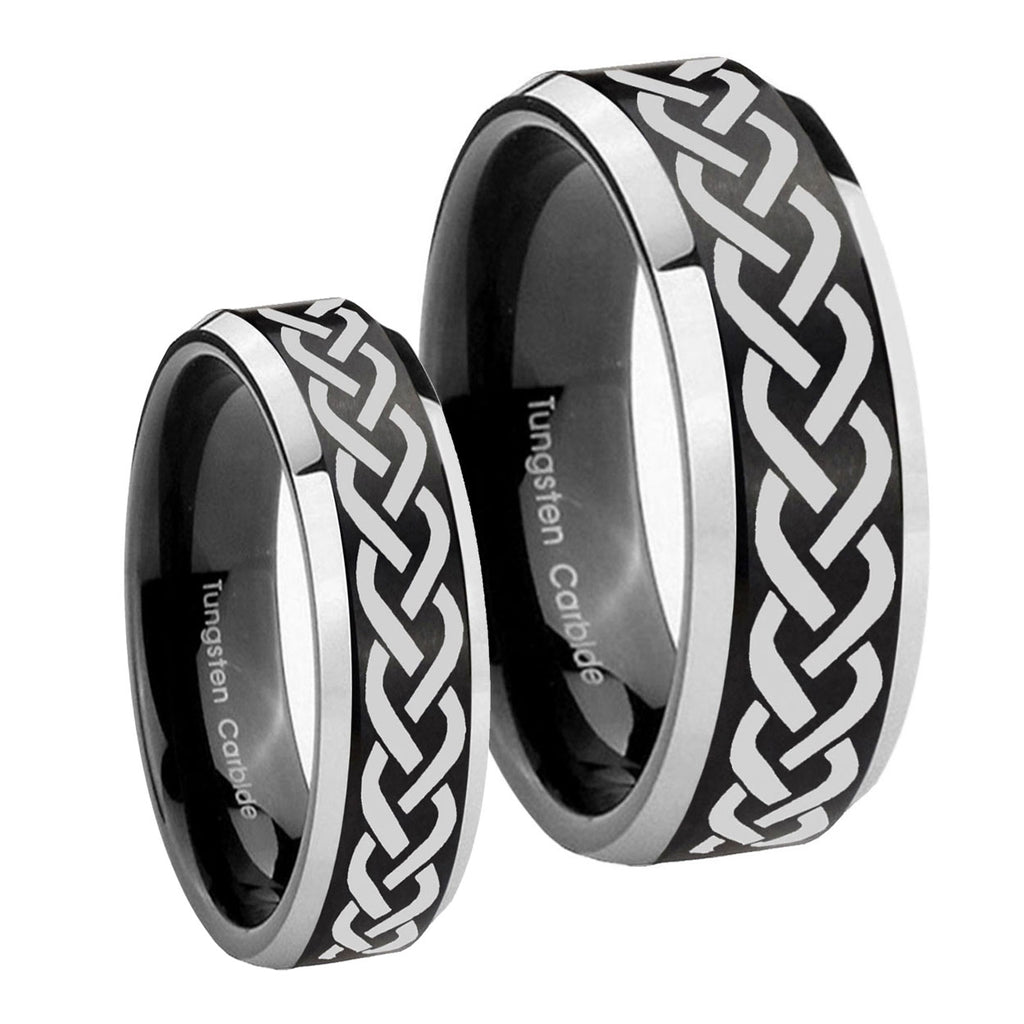 Laser Celtic Knot Beveled Brush Black 2 Tone Tungsten Bridal Ring Sets