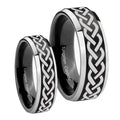 Laser Celtic Knot Beveled Brush Black 2 Tone Tungsten Bridal Ring Sets