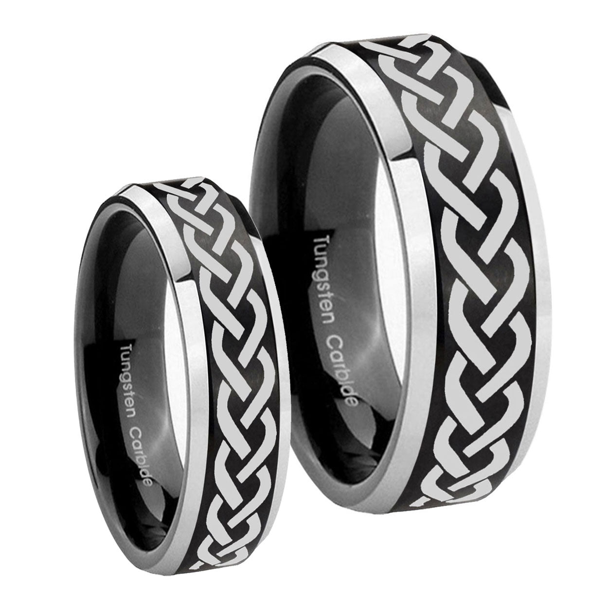 Laser Celtic Knot Beveled Brush Black 2 Tone Tungsten Bridal Ring Sets