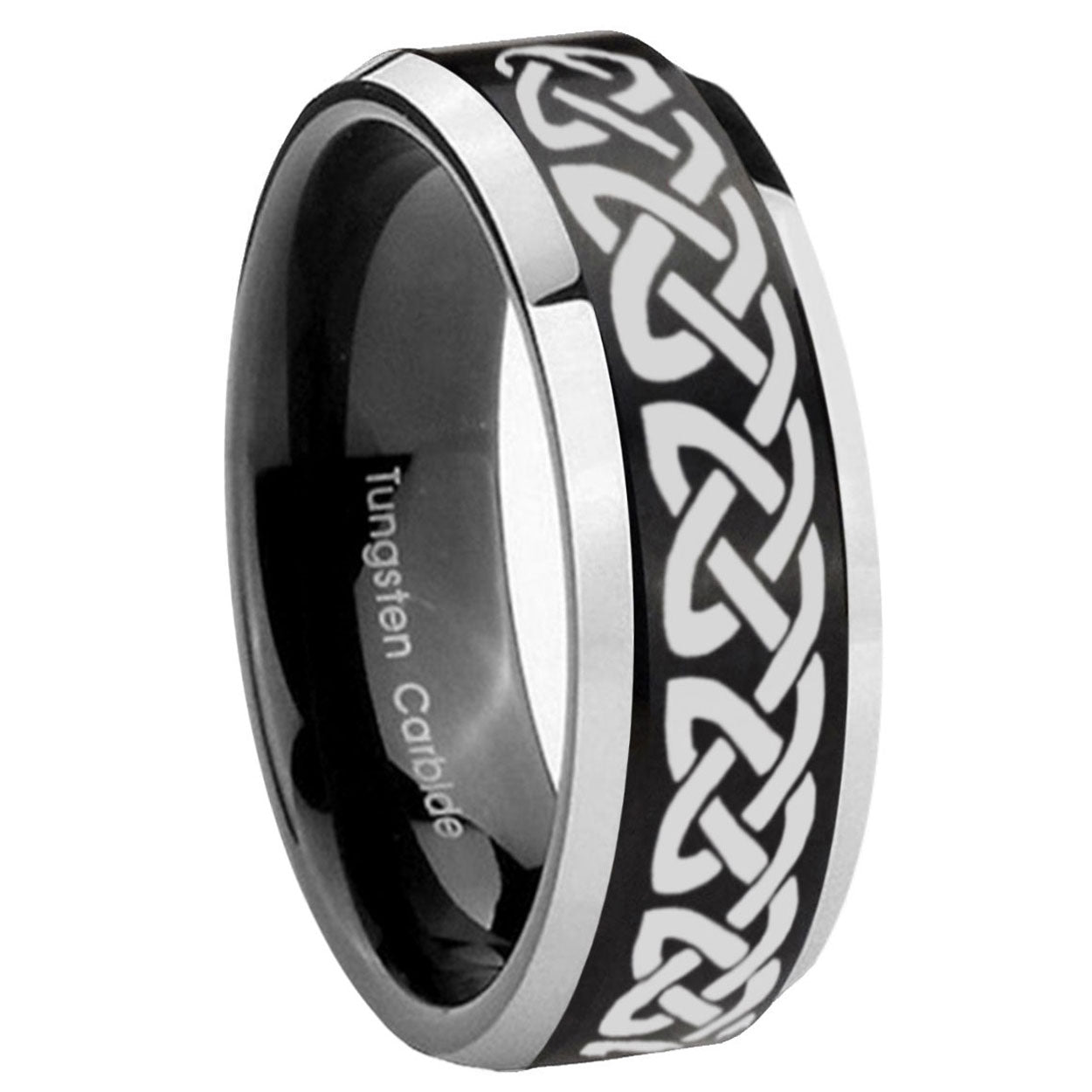 10mm Celtic Knot Love Beveled Brush Black 2 Tone Tungsten Mens Ring Engraved