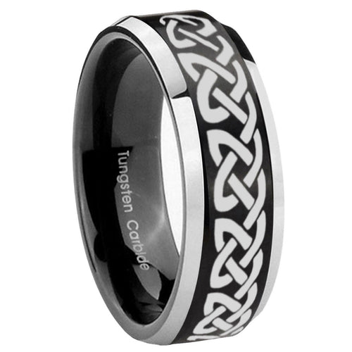 10mm Celtic Knot Love Beveled Brush Black 2 Tone Tungsten Mens Ring Engraved