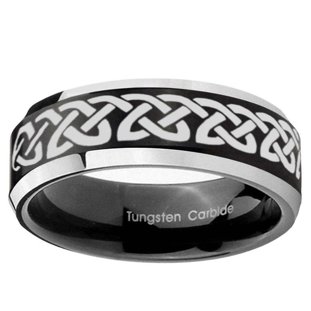 10mm Celtic Knot Love Beveled Brush Black 2 Tone Tungsten Ring