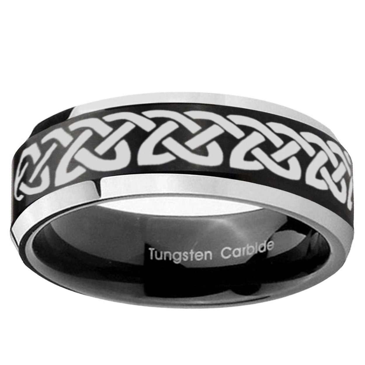 10mm Celtic Knot Love Beveled Brush Black 2 Tone Tungsten Ring