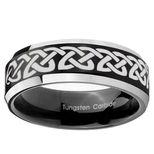 10mm Celtic Knot Love Beveled Brush Black 2 Tone Tungsten Ring