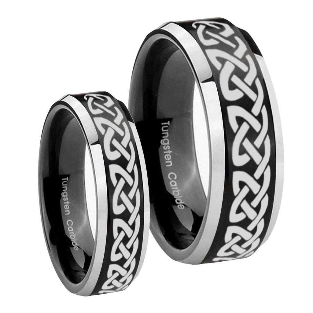 Celtic Knot Love Beveled Brush Black 2 Tone Tungsten Wedding Band Set