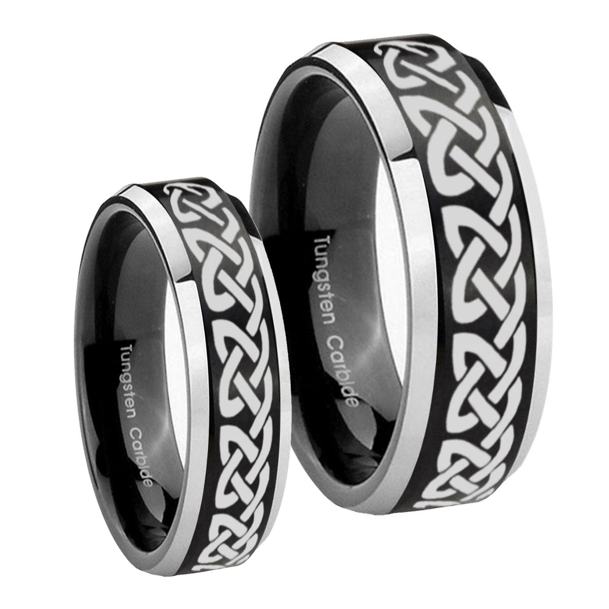 Celtic Knot Love Beveled Brush Black 2 Tone Tungsten Wedding Band Set