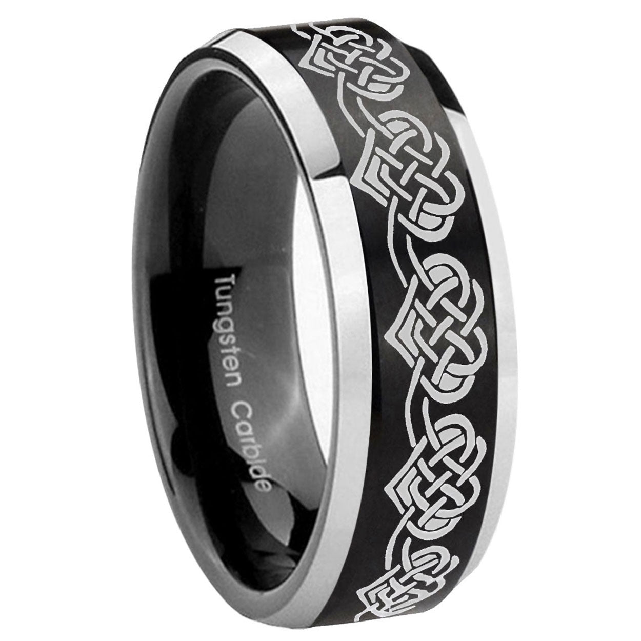 10mm Celtic Knot Heart Beveled Brush Black 2 Tone Tungsten Mens Ring Engraved