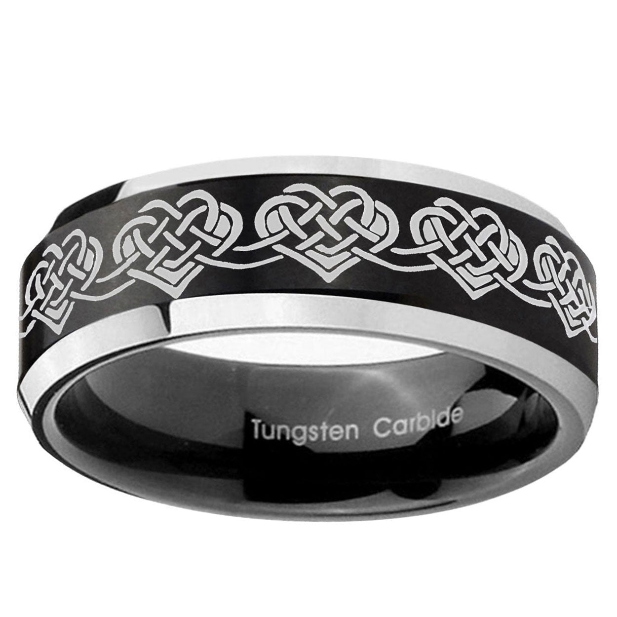 10mm Celtic Knot Heart Beveled Brush Black 2 Tone Tungsten Ring