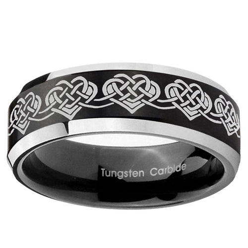 10mm Celtic Knot Heart Beveled Brush Black 2 Tone Tungsten Ring