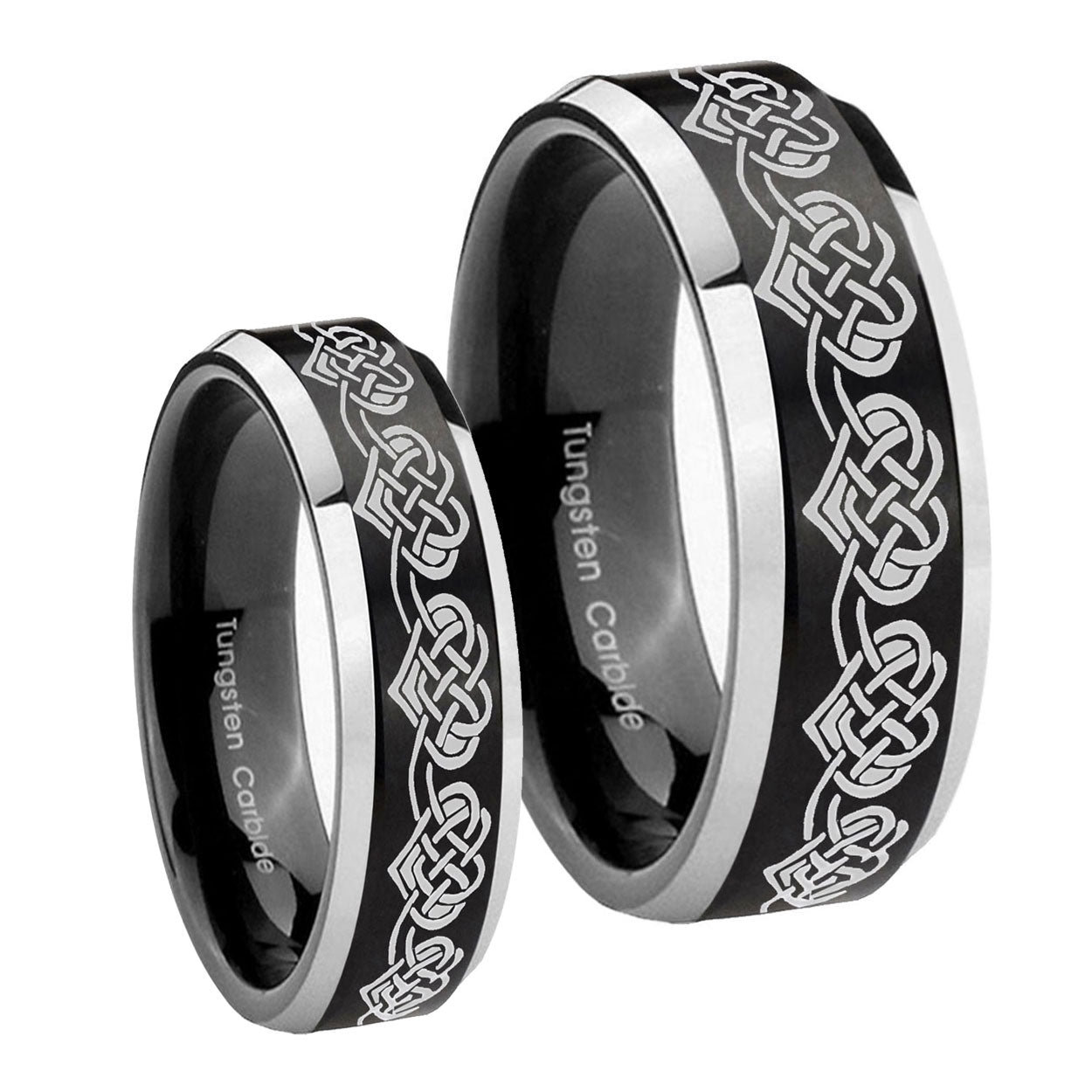 Celtic Knot Heart Beveled Brush Black 2 Tone Tungsten Mens Set Ring