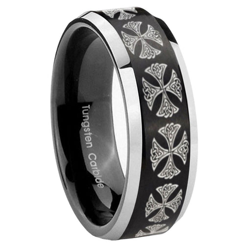 10mm Medieval Cross Beveled Brush Black 2 Tone Tungsten Mens Ring Engraved