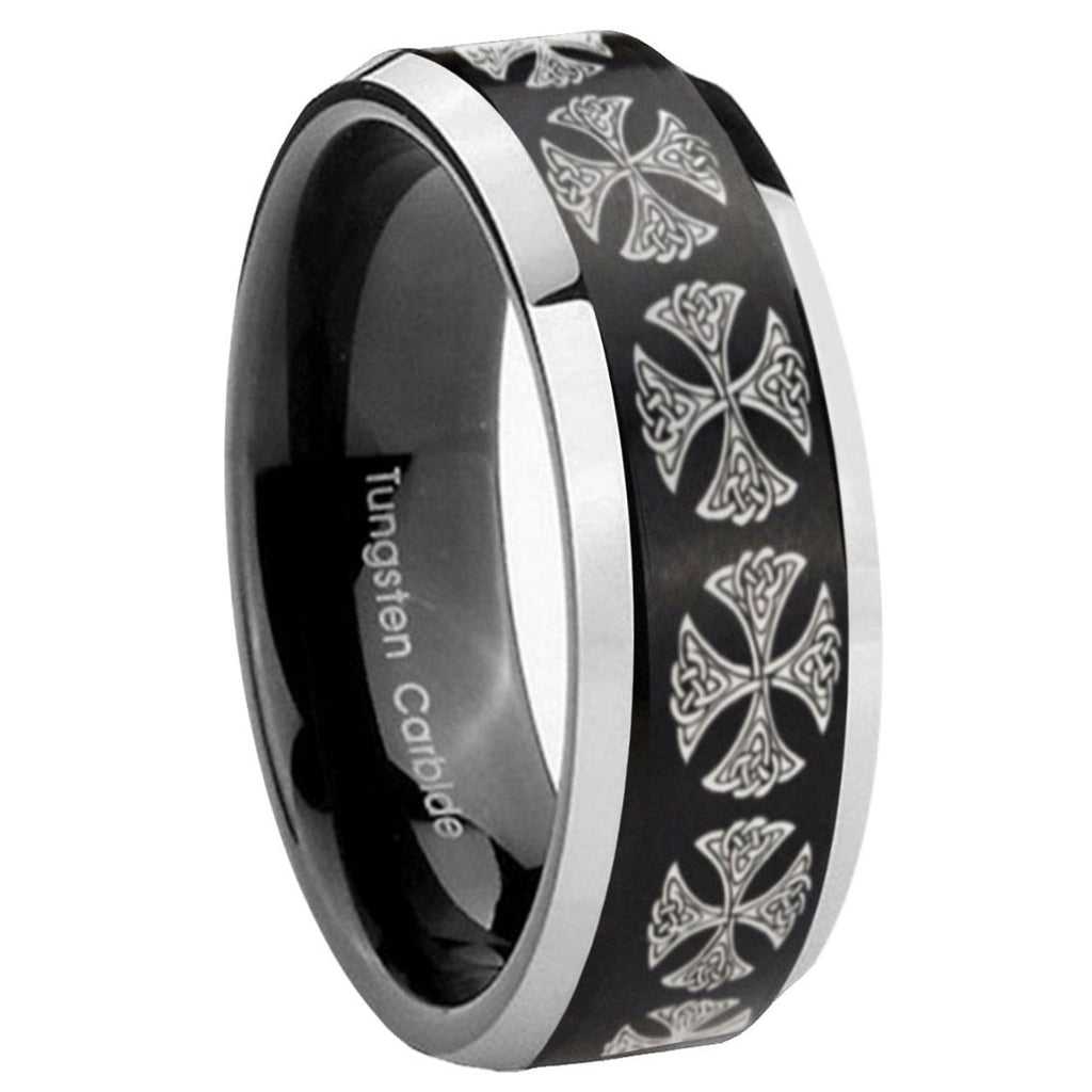 8MM Medieval Cross Beveled Two Tone Black Tungsten Wedding Band For Men