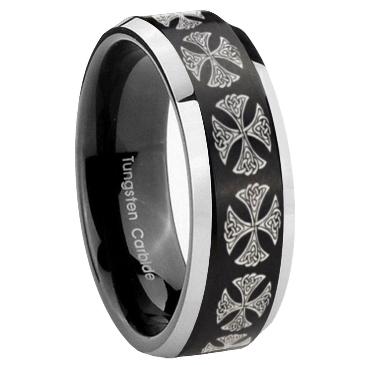 8MM Medieval Cross Beveled Two Tone Black Tungsten Wedding Band For Men