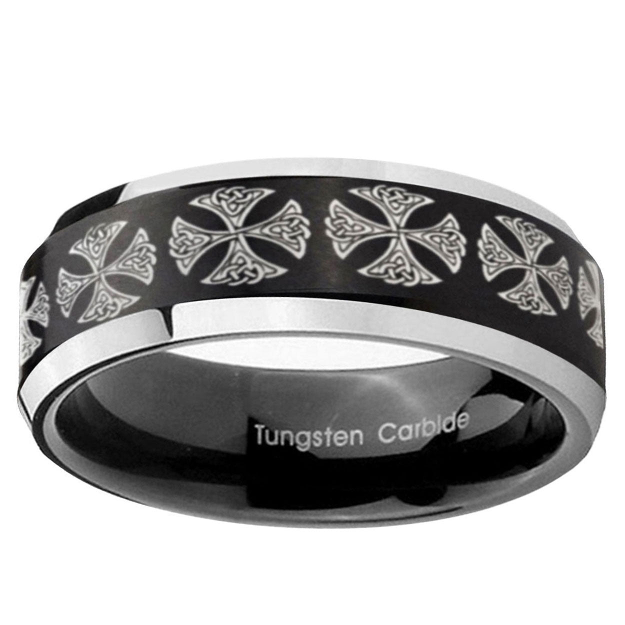 10mm Medieval Cross Beveled Brush Black 2 Tone Tungsten Ring