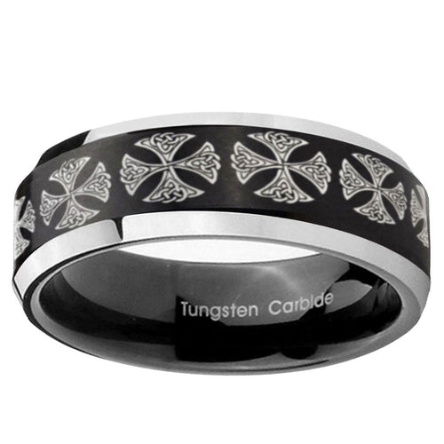 10mm Medieval Cross Beveled Brush Black 2 Tone Tungsten Ring