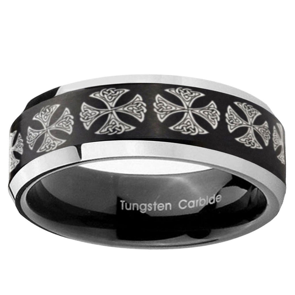 5MM Medieval Cross Beveled Two Tone Black Tungsten Wedding Band For Men