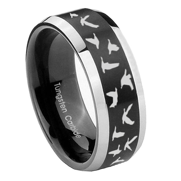 10mm-Flying-Geese-Hunting-Beveled-Brush-Black-2-Tone-Tungsten-Mens-Ring-Engraved