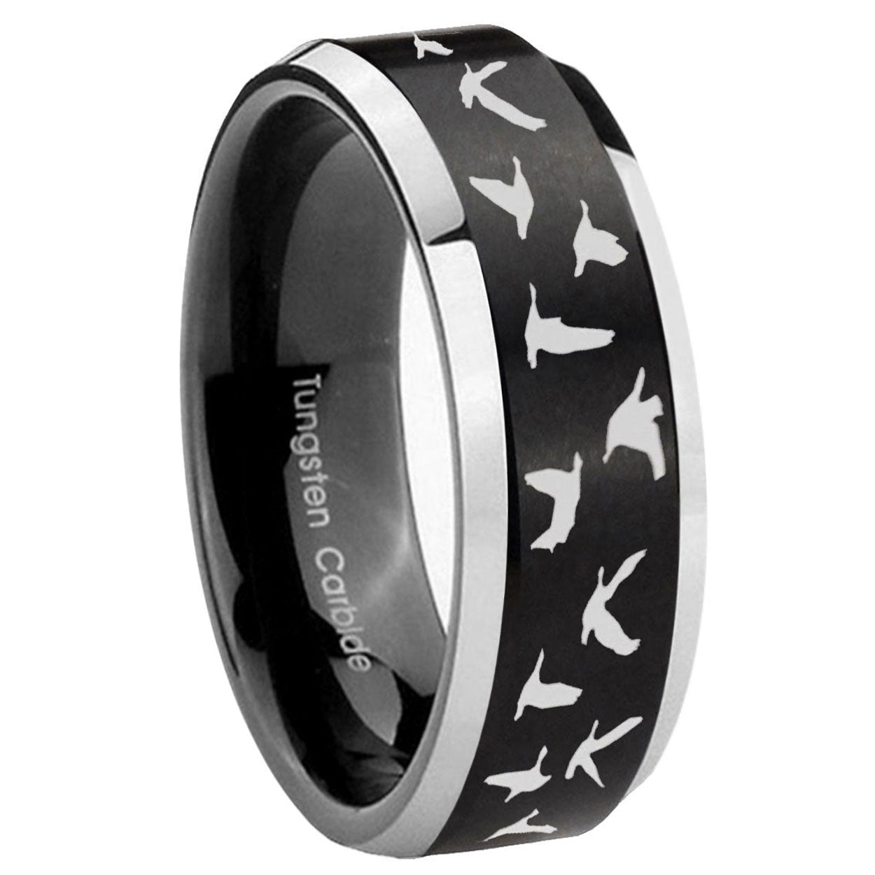10mm Flying Geese Hunting Beveled Brush Black 2 Tone Tungsten Mens Ring Engraved