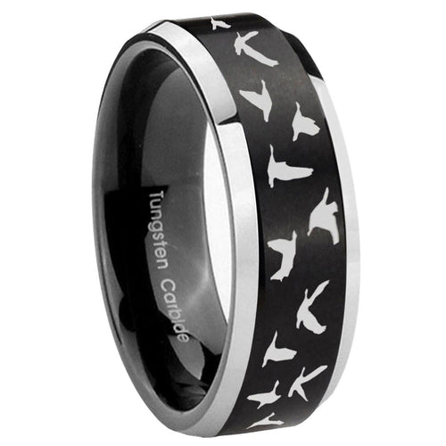 10mm Flying Geese Hunting Beveled Brush Black 2 Tone Tungsten Mens Ring Engraved