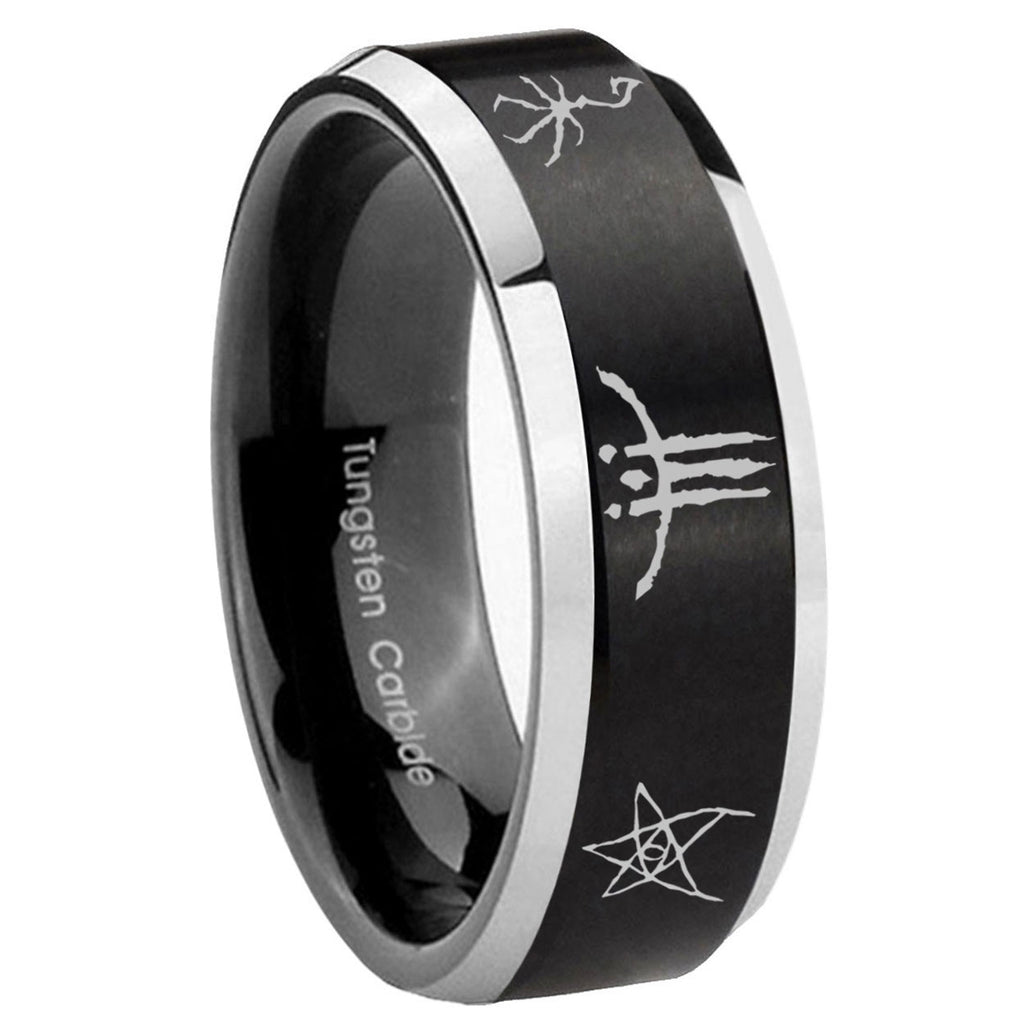 8MM Blackborne Caryll Runes Beveled Two Tone Black Tungsten Wedding Band