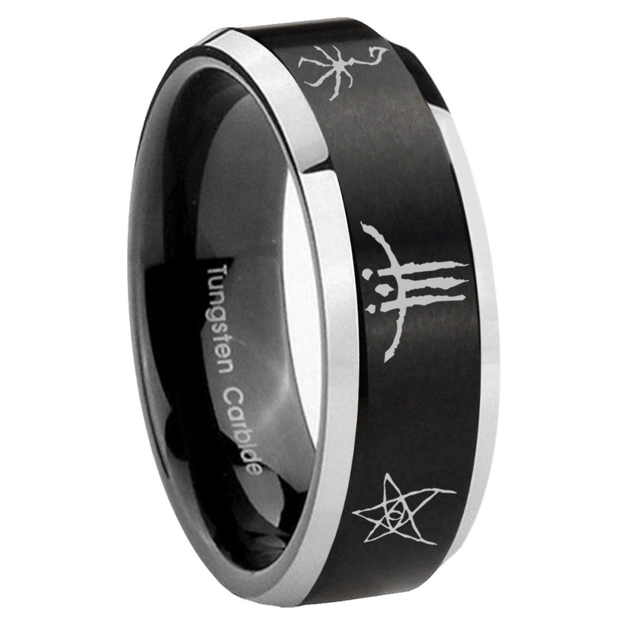 8MM Blackborne Caryll Runes Beveled Two Tone Black Tungsten Wedding Band
