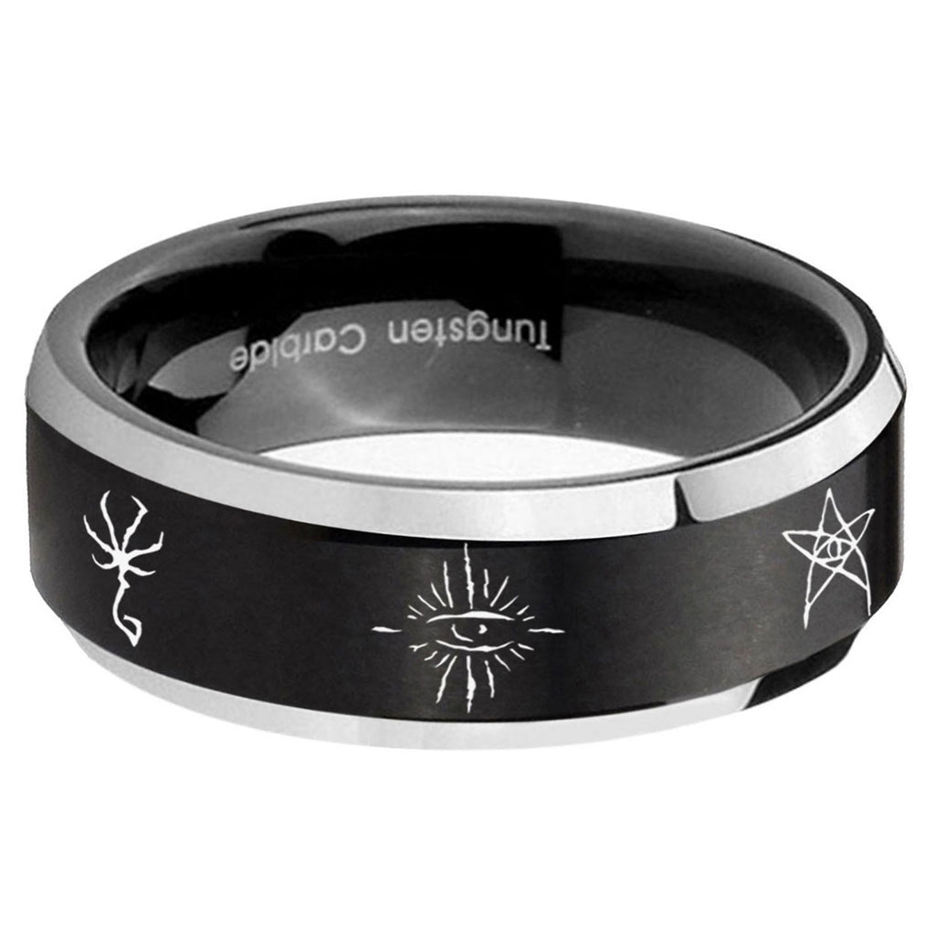 5MM Blackborne Caryll Runes Beveled Two Tone Black Tungsten Wedding Band