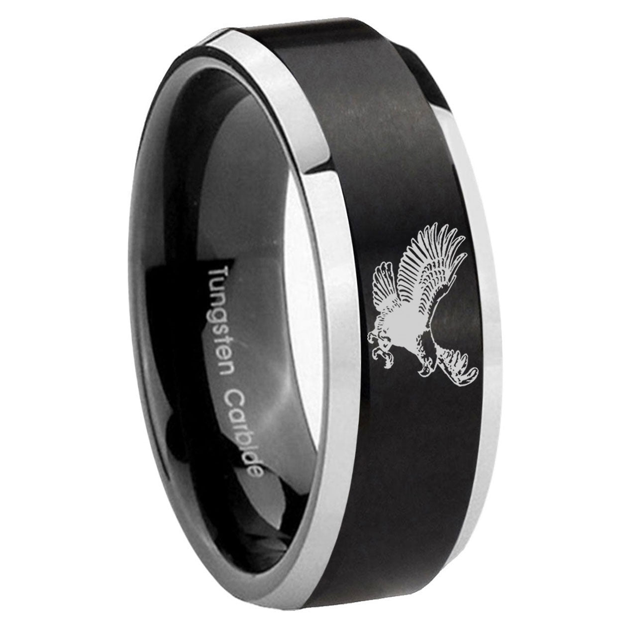 8MM Flying American Eagle Beveled Two Tone Black Tungsten Wedding Band