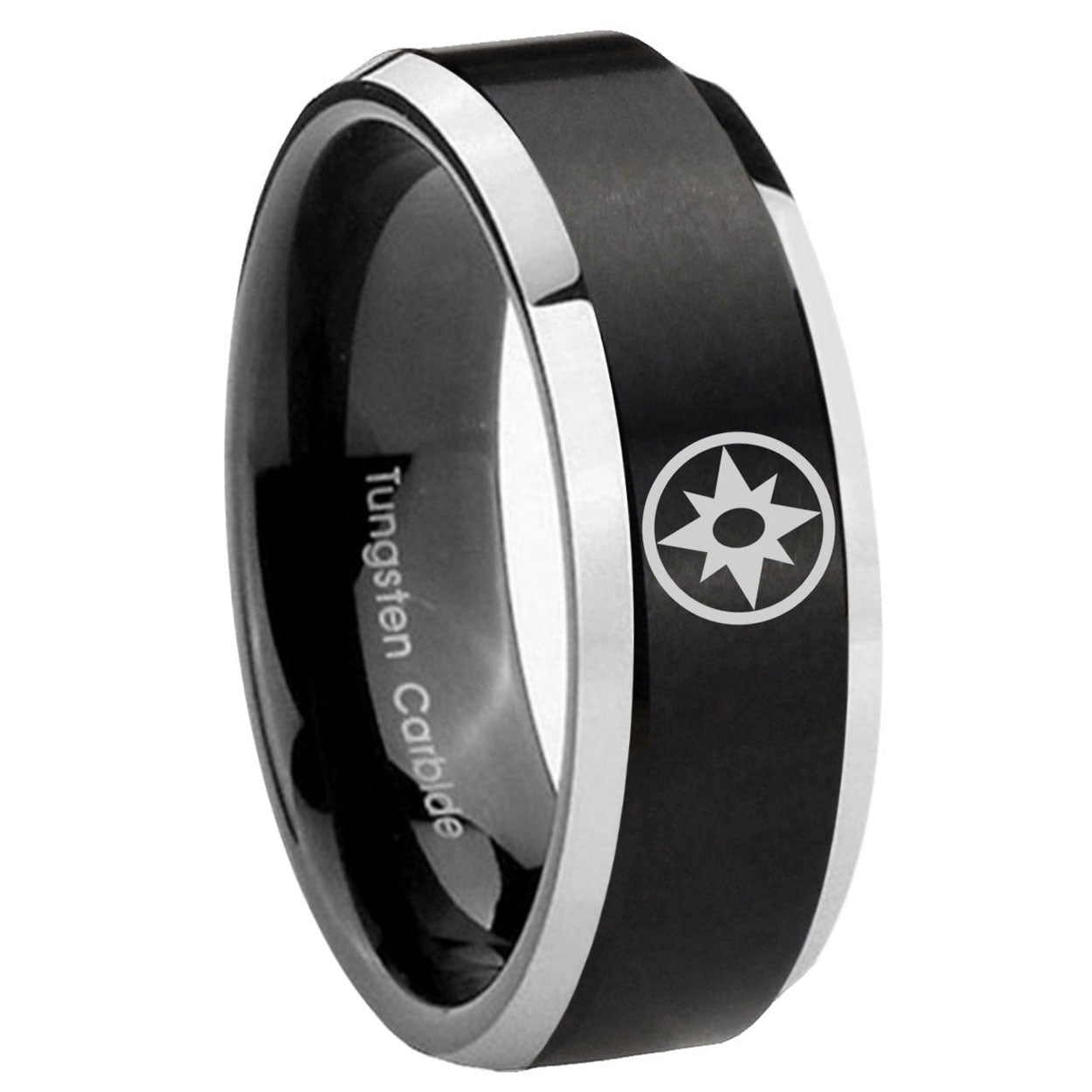 8MM Star Sapphire Lantern Beveled Two Tone Black Tungsten Wedding Band