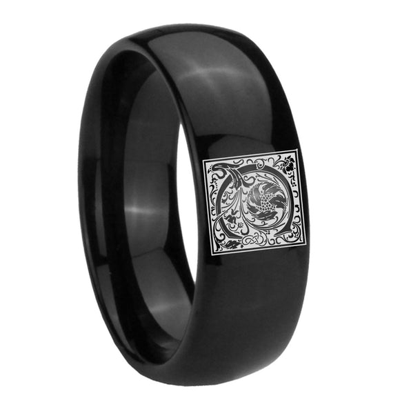 8mm-Dome-Polished-Black-Tungsten-Floral-Initial-Letter-C,-Monogram-Wedding-Ring