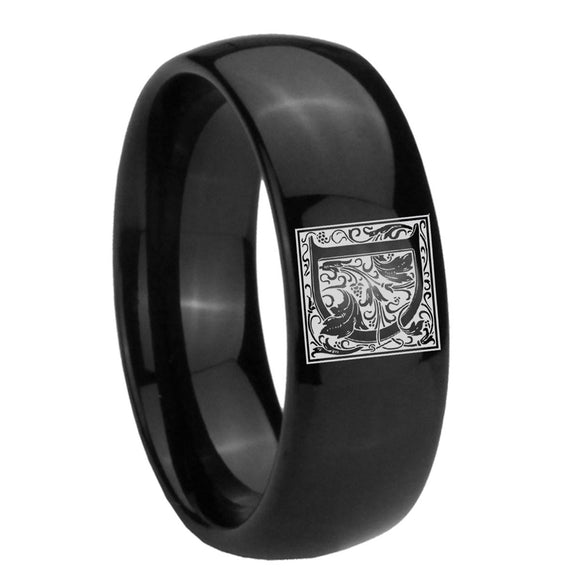 8mm-Dome-Polished-Black-Tungsten-Floral-Initial-Letter-D,-Monogram-Wedding-Ring